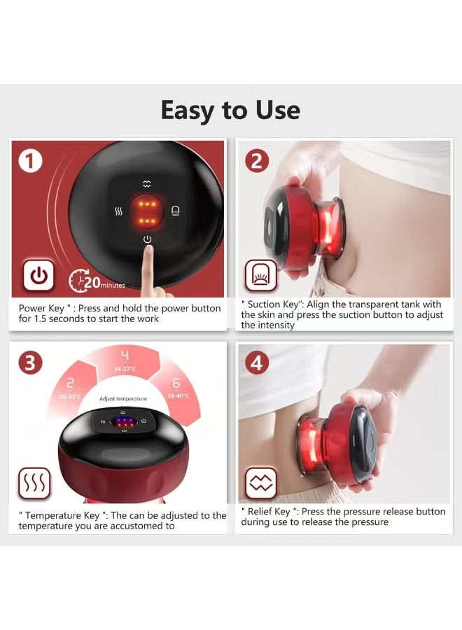 جهاز تدليك الحجامة الذكي - مدلك السيلوليت وأداة جوا شا، 12 وضع تدليك، تسخين سريع، وقابل لإعادة الشحن (أسود و احمر) - Image 4