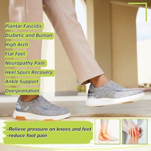 OrthoComfoot أحذية لوفرز نسائية طبية من أورثوكومفوت: أحذية تنفسية لعلاج التهاب اللفافة الأخمصية مع دعم للقوس، تخفيف آلام الكعب والقدم لاستعادة القدم المسطحة باللون الرمادي والأزرق مقاس 8.5 - Image 4