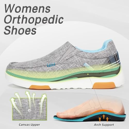 OrthoComfoot أحذية لوفرز نسائية طبية من أورثوكومفوت: أحذية تنفسية لعلاج التهاب اللفافة الأخمصية مع دعم للقوس، تخفيف آلام الكعب والقدم لاستعادة القدم المسطحة باللون الرمادي والأزرق مقاس 8.5 - Image 3