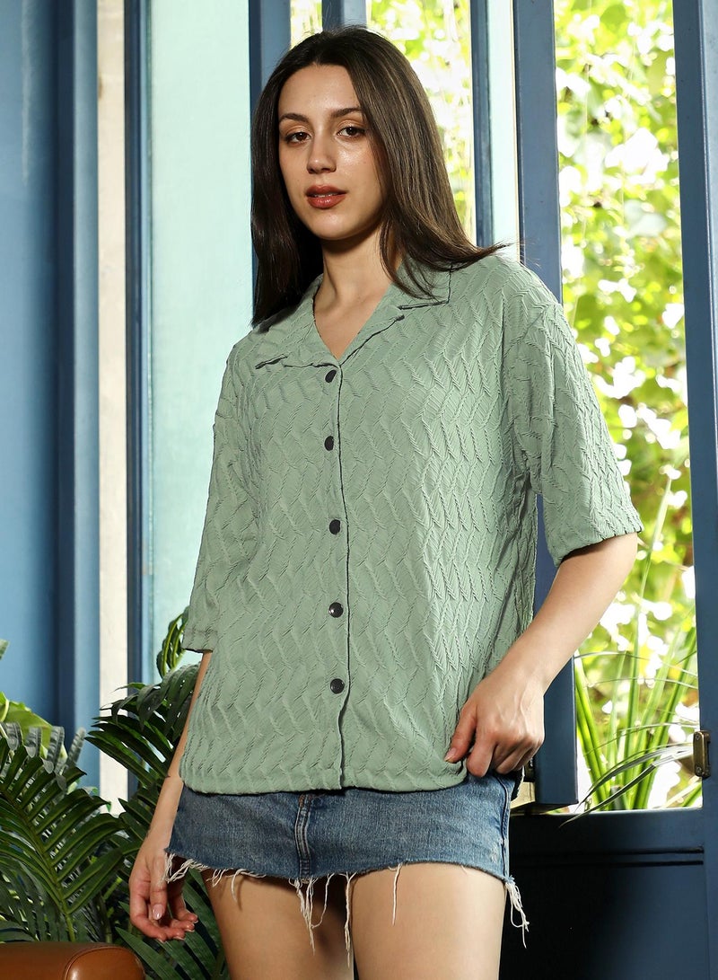 PINACOLADA Women's Sage Green Chevron-Lined Tactile Oversized Shirt - Image 3