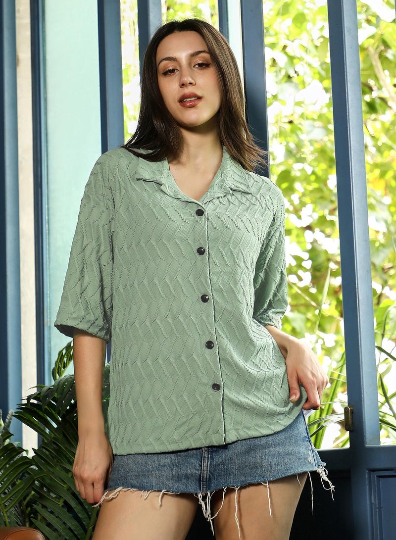PINACOLADA Women's Sage Green Chevron-Lined Tactile Oversized Shirt - Image 2