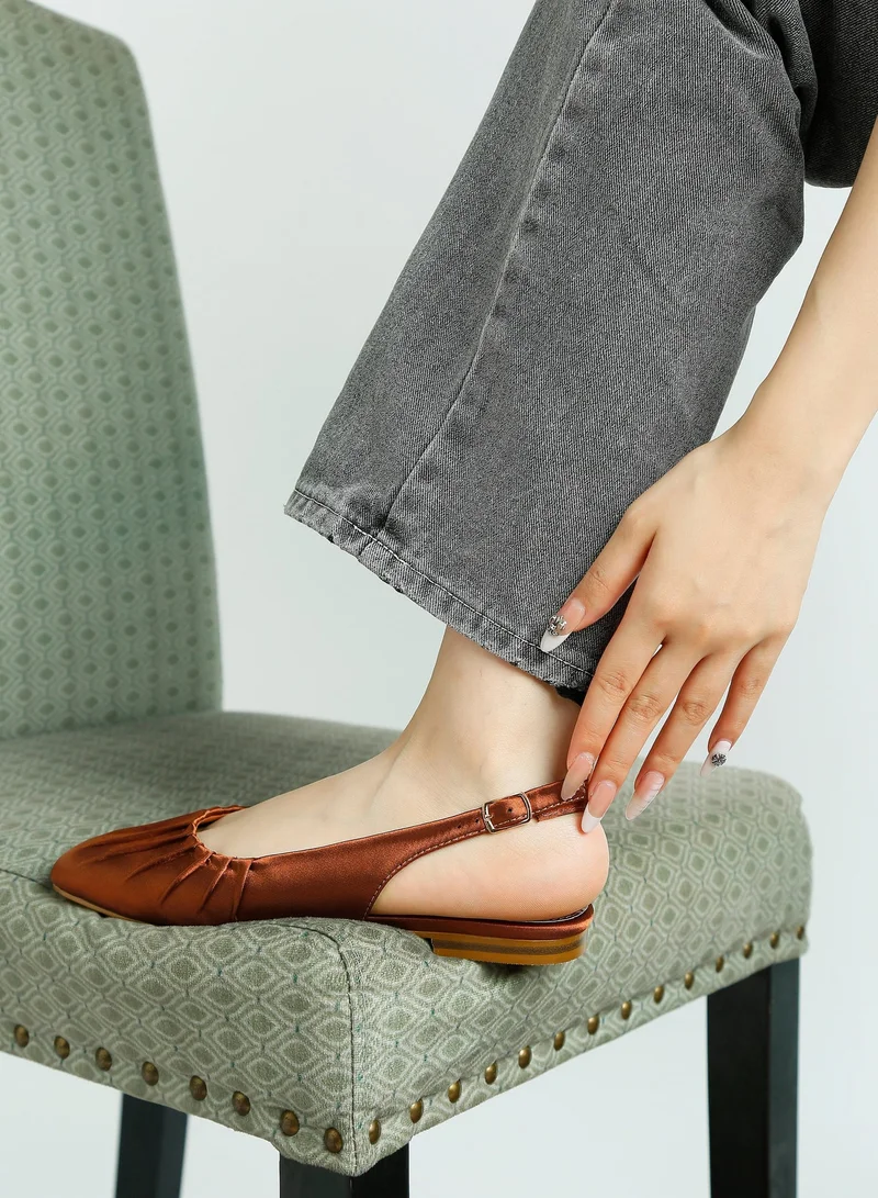 London Rag Satin Close Square Toe Flat Slingback in Brown