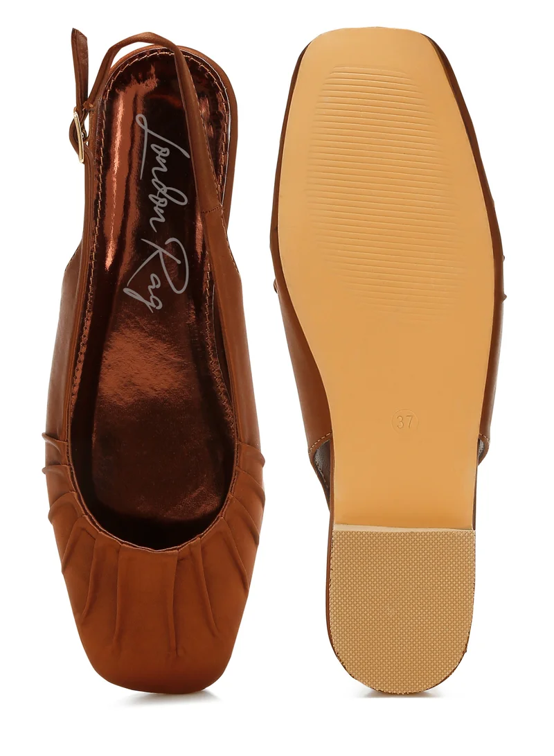 London Rag Satin Square Toe Flat Slingback in Brown