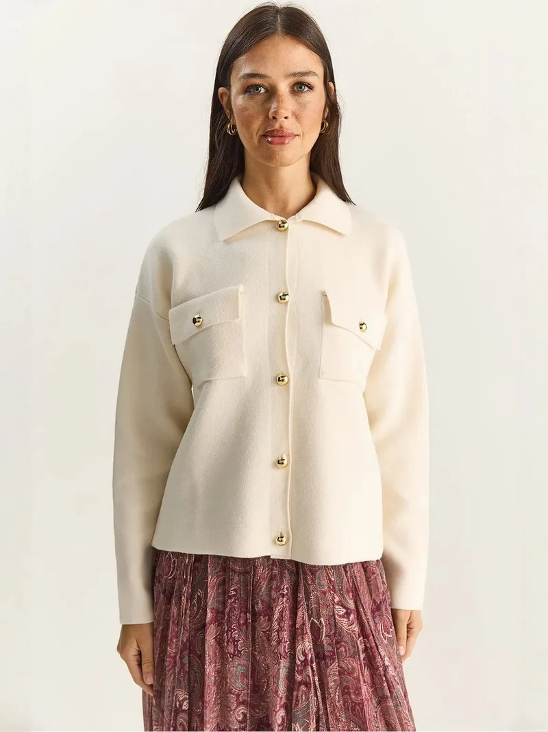 Bianco Lucci LUCCI Polo Collar Cardigan
