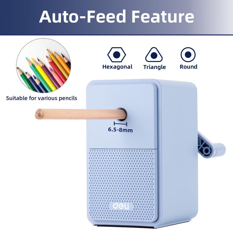 Deli Manual Hand Crank Pencil Sharpener with Adjustable Point for Colored Pencils, Kids & Students, Blue - Image 2