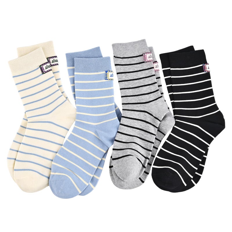 Knagsfa Cute Crew Socks for Women, 4 Pairs Casual Novelty Socks Stripe Cotton Calf Athletic Calf Socks - Image 1