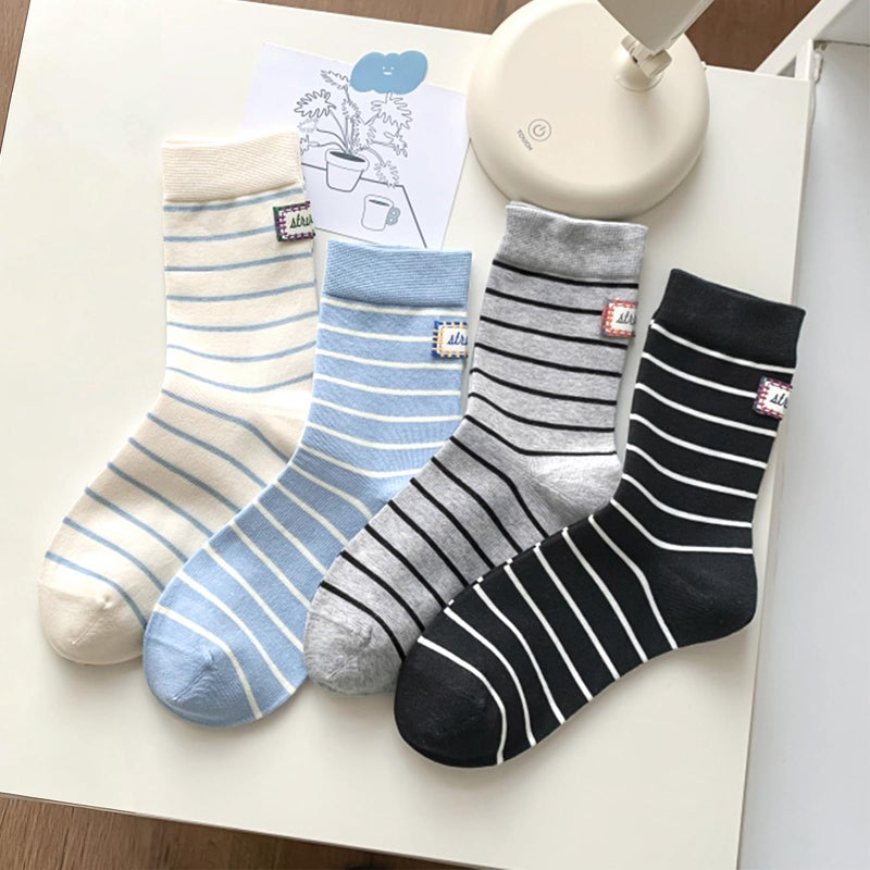 Knagsfa Cute Crew Socks for Women, 4 Pairs Casual Novelty Socks Stripe Cotton Calf Athletic Calf Socks - Image 2