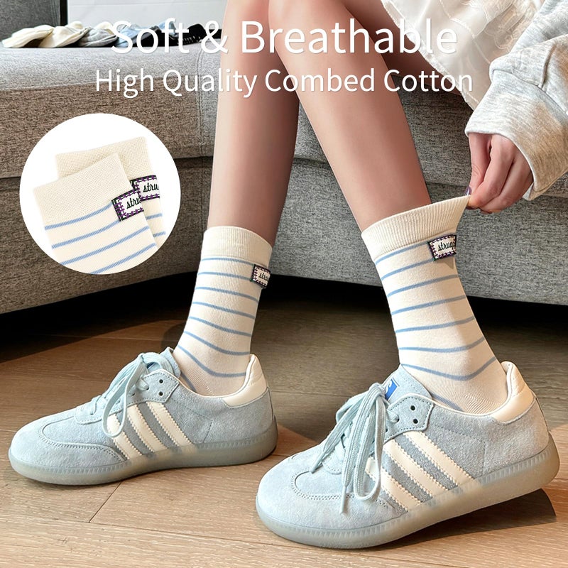 Knagsfa Cute Crew Socks for Women, 4 Pairs Casual Novelty Socks Stripe Cotton Calf Athletic Calf Socks - Image 4