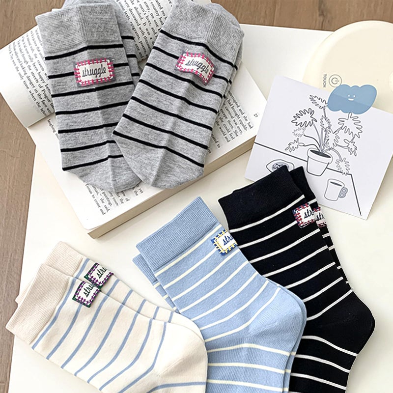 Knagsfa Cute Crew Socks for Women, 4 Pairs Casual Novelty Socks Stripe Cotton Calf Athletic Calf Socks - Image 5