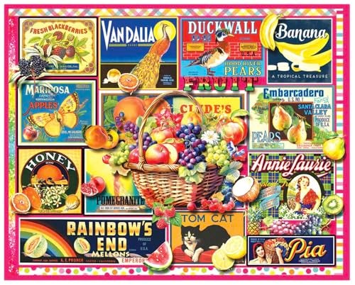 White Mountain 1000 Piece Jigsaw Puzzle Vintage Fruit Label Collage Puzzles with Large Pieces for Adults and Family 24x30 Fruit Basket - Image 1