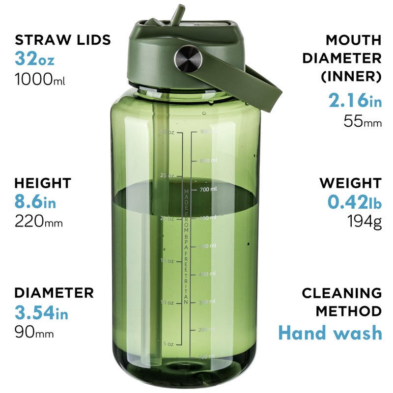 OLDLEY 32 oz Clear Water Bottle with Straw,Tritan BPA-Free, Wide Mouth, Leak Proof - for Gym, Travel, Home, School, Office (Army Green) - Image 2