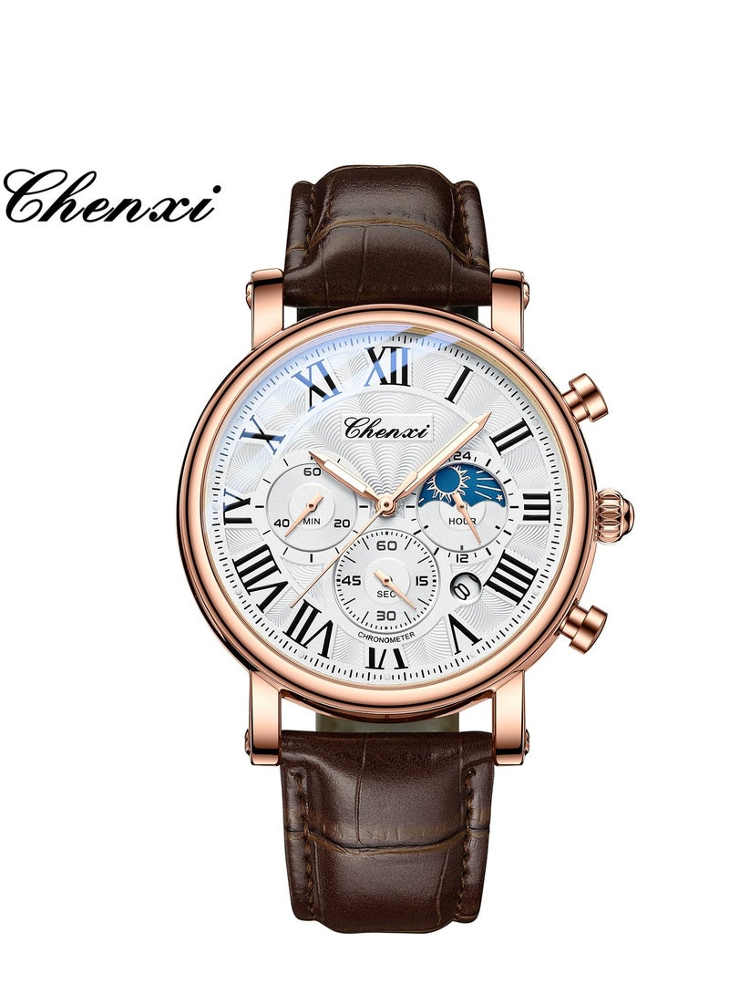 Chenxi Watches for Men, Men's Classic Multifunctional Sports Analog Watch, Waterproof Luminous Sports & Business Watch with Moon Phase, Analog Display, and Multi-Functional Design (Brown Rose) - Image 1