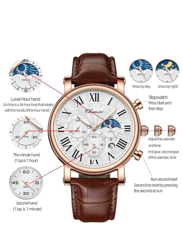 Chenxi Watches for Men, Men's Classic Multifunctional Sports Analog Watch, Waterproof Luminous Sports & Business Watch with Moon Phase, Analog Display, and Multi-Functional Design (Brown Rose) - Image 3
