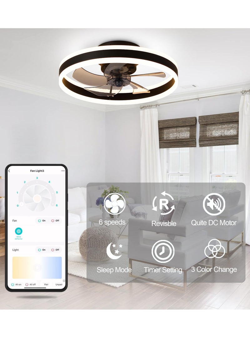 ET-LIFE - Ceiling Fan with Light, Black Fixed Fan with Lights and Remote Control, 6 Speeds Adjustable, Flush Mount Ceiling Fan 50 * 16.5CM - Image 1
