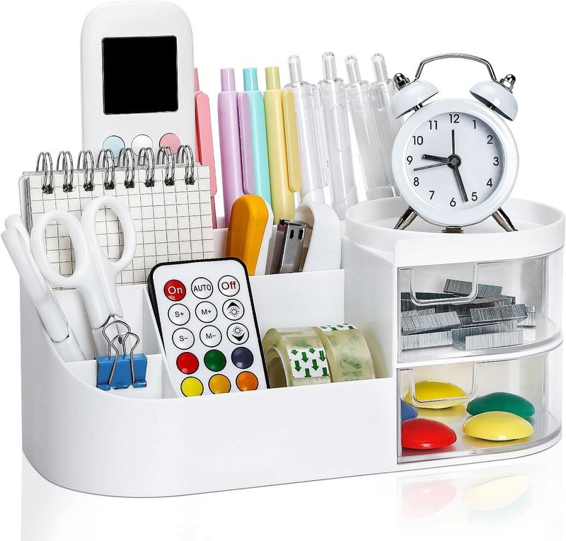 INKULTURE Plastic Desk Organiser, Desktop Drawer Organiser, Cosmetics Storage Organiser, Cute Desk Storage For Office Supplies, Bathroom Counter Or Chest Of Drawers, White - Image 1