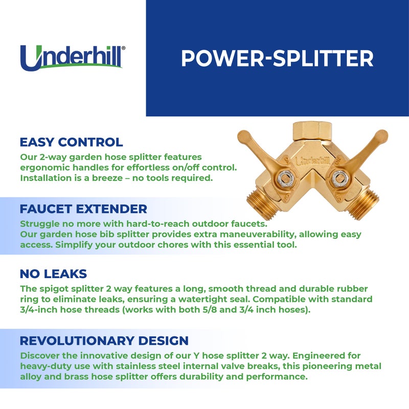 Underhill Garden Y Hose Splitter 2 Way, Heavy Duty Bib Faucet Spigot Connector with Water Shut Off Valves, Metal, 30 GPM, 3/4-Inch Thread, A-HB2HF - Image 3
