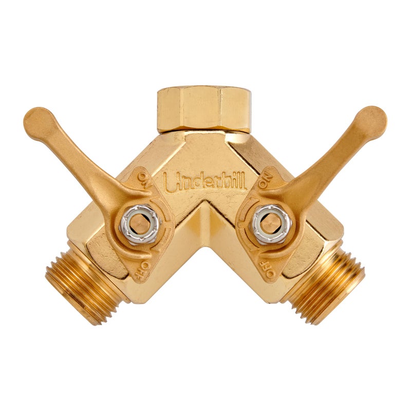 Underhill Garden Y Hose Splitter 2 Way, Heavy Duty Bib Faucet Spigot Connector with Water Shut Off Valves, Metal, 30 GPM, 3/4-Inch Thread, A-HB2HF - Image 1