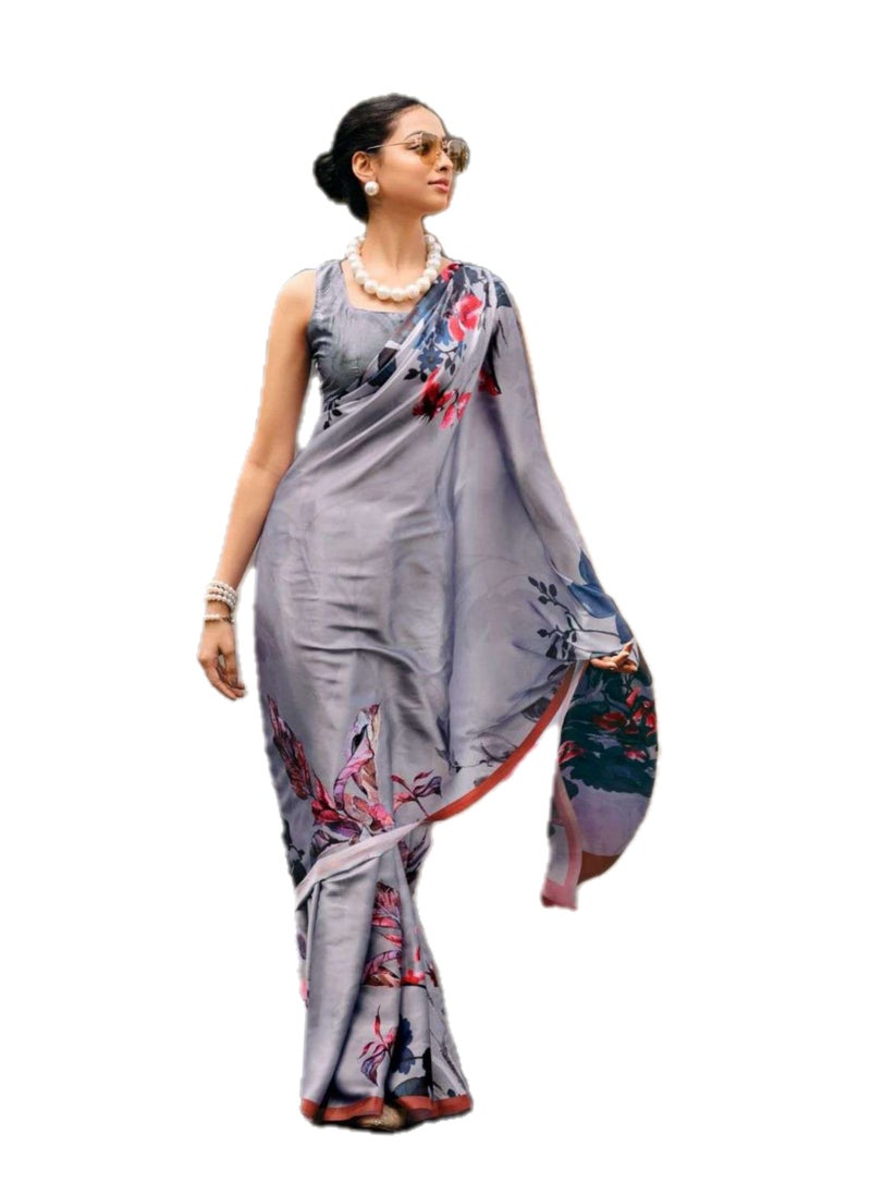Grab Mantra Grey Printed Satin Silk Saree With Unstitched Blouse  - Image 1