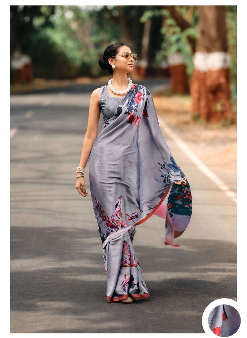 Grab Mantra Grey Printed Satin Silk Saree With Unstitched Blouse  - Image 2