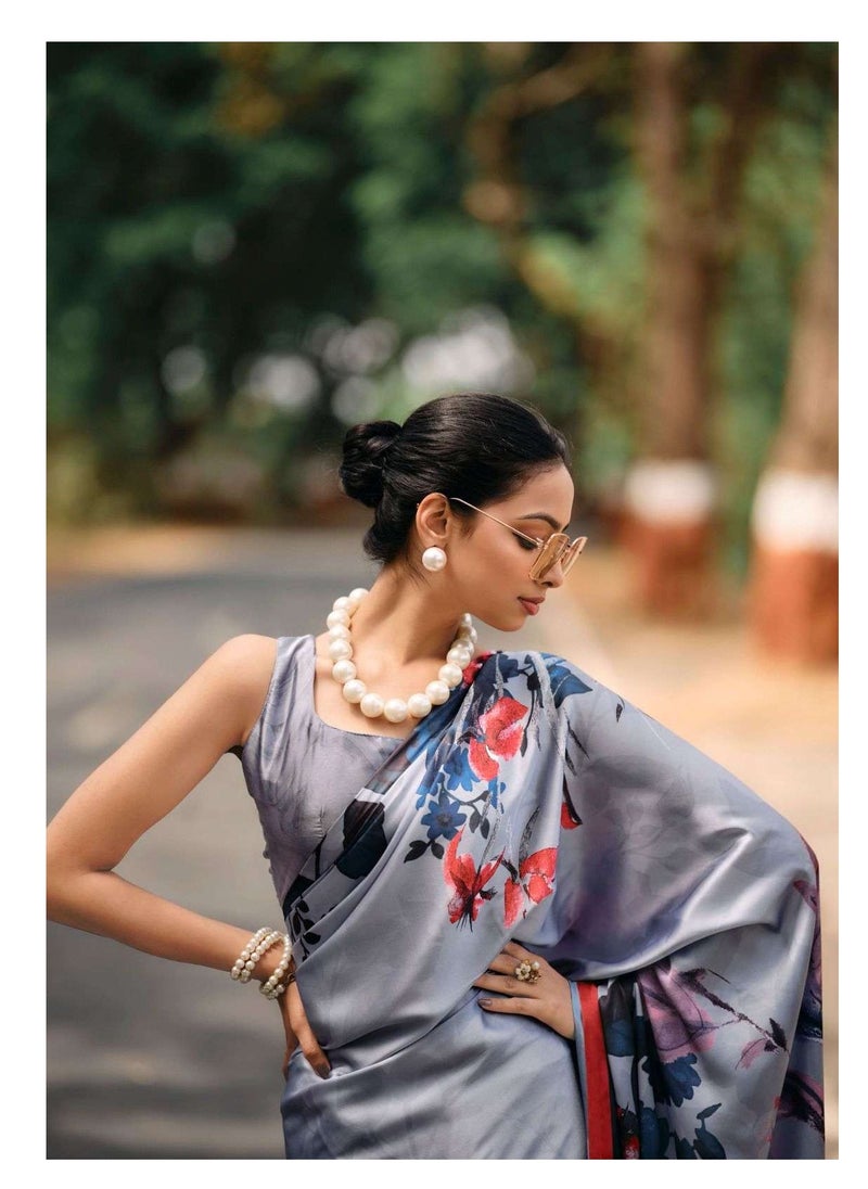 Grab Mantra Grey Printed Satin Silk Saree With Unstitched Blouse  - Image 3