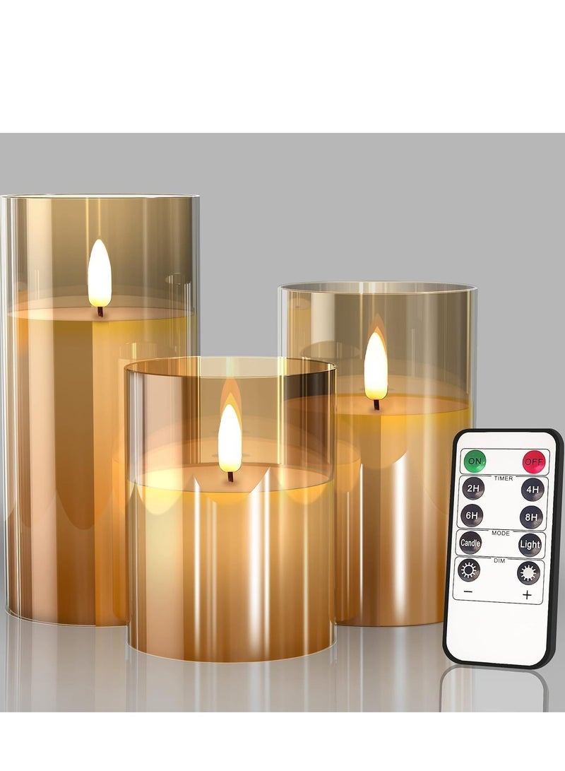 ELTRAZONE Glass LED Flameless Pillar Candles – Real Wax with Flickering Wick, Battery Operated, Remote & Timer | Ideal for Home, Wedding & Festival Decor (Pack of 3) | Elegant Gold Finish - Image 1