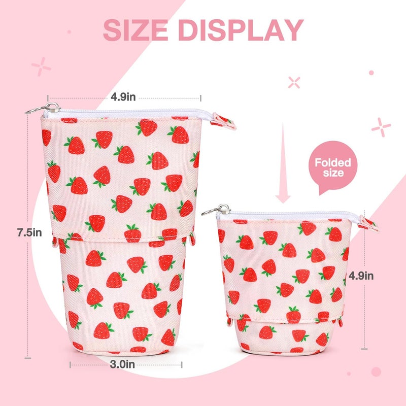 KPX Milktea Standing Pencil Case for Kids Pop Up Pencil Box Makeup Bag Bubble Tea Pen Holder Cosmetic Bag Kawaii Stationery, Strawberry, 7x3x1 inches, strawberry - Image 2