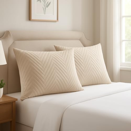 RD TREND® Cotton Quilted Pillow Cover Set of 2 |Ultra-Soft, Cooling & Breathable | Skin & Hair Friendly | Hidden Zipper Pillowcases for Bedroom |Standard Size 18x28 Inches, Beige - Image 3