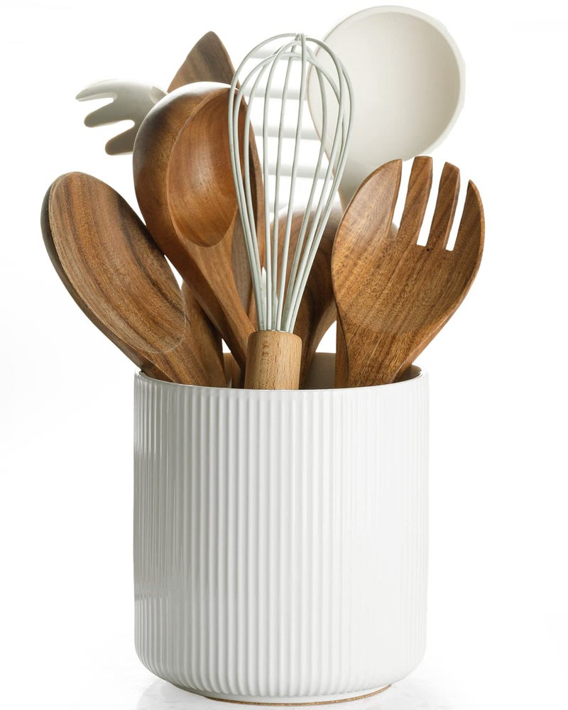 getstar Small Kitchen Utensil Holder for Kitchen Counter H56 x W52 Ceramic Cooking Utensil Holder with Cork Mat White Utensils Not Included
