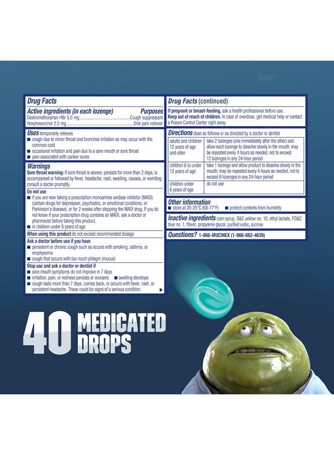 Mucinex Instasoothe Sore Throat Relief + Cough Relief, Sore Throat Lozenges, Cough Drops with Dextromethorphan HBr & Hexylresorcinol, Alpine Herbs & Fresh Mint Flavor Medicated Drops, 40ct - Image 2