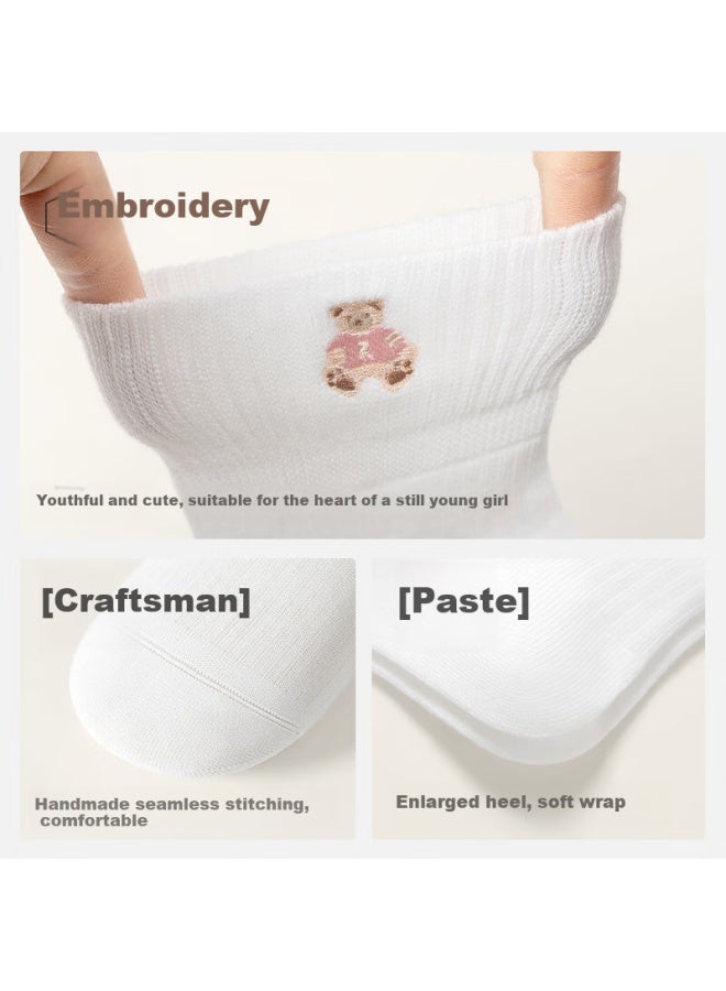Zjzue Women's Spring And Summer Pure Cotton Bear Embroidery Ankle Socks, White + Pink + Light Yellow + Gray, 4 Pairs, One Size Fits All - Image 2