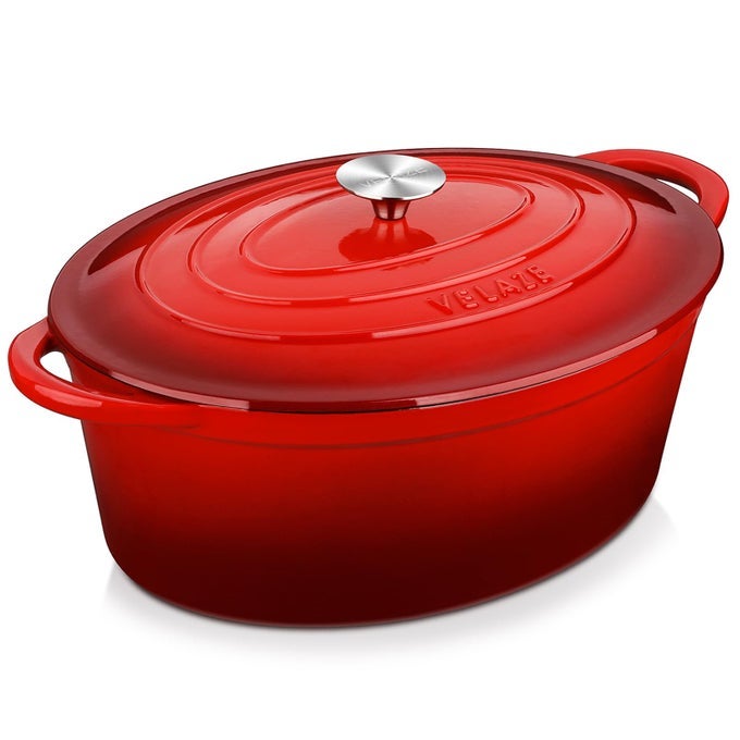 75 QT ENAMELED OVAL DUTCH OVEN POT WITH LID CAST IRON DUTCH OVEN WITH DUAL HANDLES FOR BREAD BAKING COOKING FRYING NONSTICK ENAMEL COATED COOKWARE RED