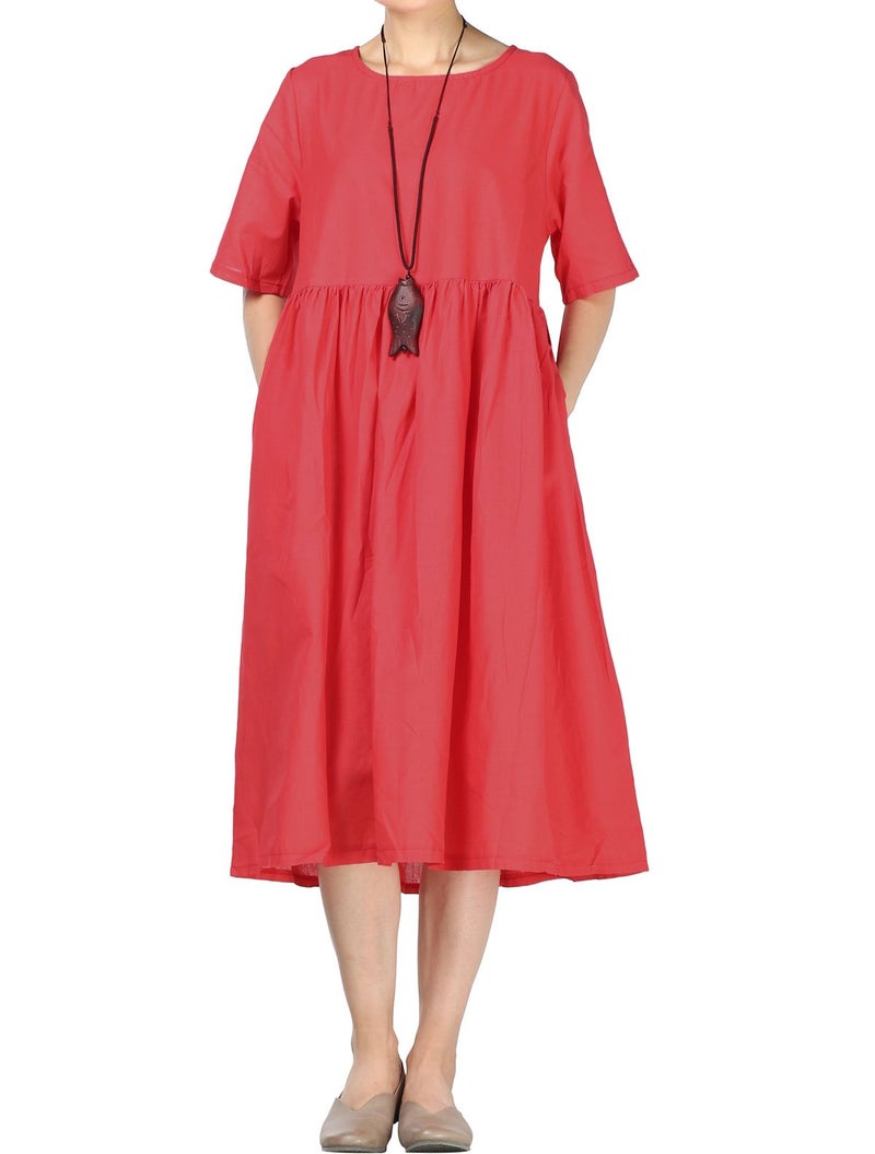 Minibee Womens Linen Tunic Summer Dress Casual Midi Dresses with Pockets Red L