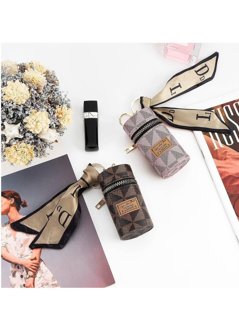 SYOSI منظم أحمر الشفاه، حقيبة جلدية لملمع الشفاه مع سلسلة مفاتيح، منظم جلدي صغير محمول لحقيبة أحمر الشفاه للسفر، حقيبة أحمر الشفاه مع سلسلة مفاتيح لعطر طلاء الأظافر 2 عبوة بني وردي - Image 5