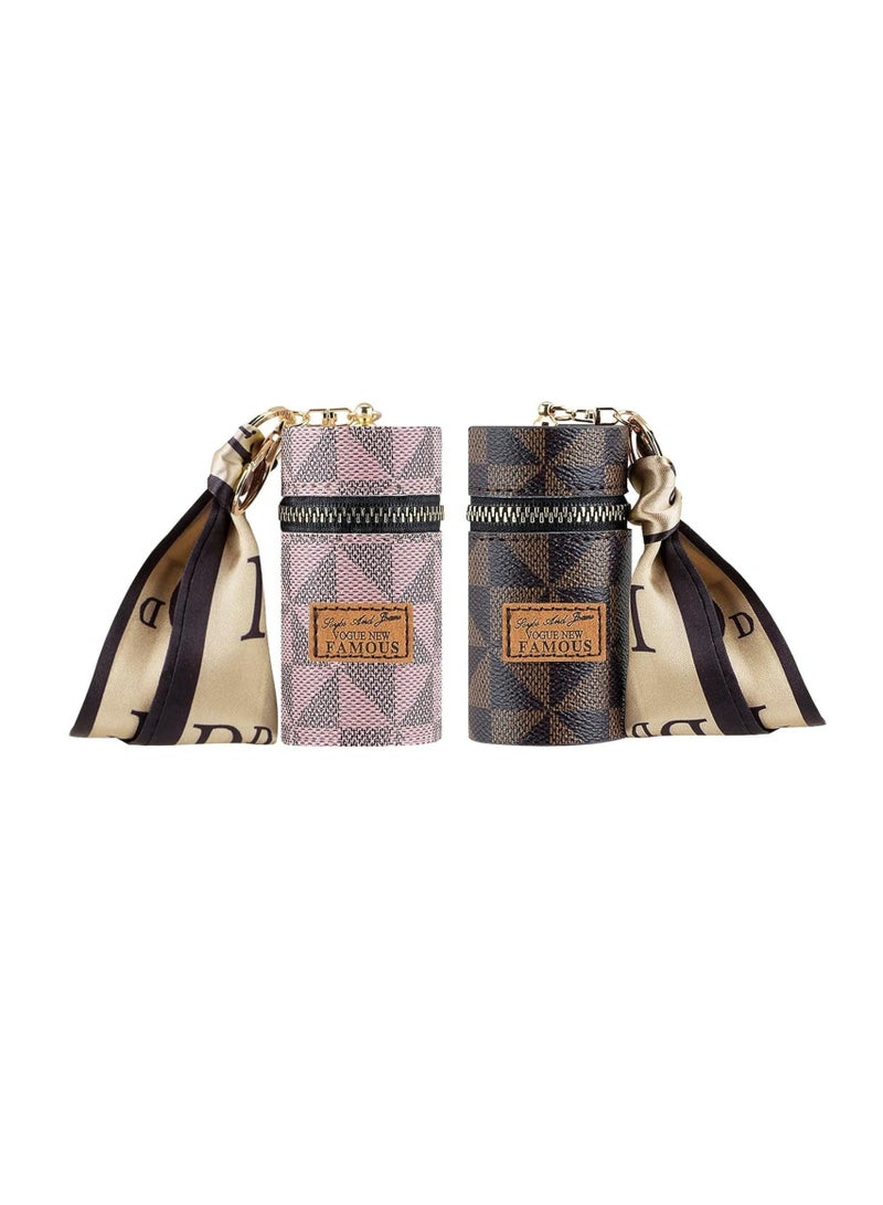 SYOSI منظم أحمر الشفاه، حقيبة جلدية لملمع الشفاه مع سلسلة مفاتيح، منظم جلدي صغير محمول لحقيبة أحمر الشفاه للسفر، حقيبة أحمر الشفاه مع سلسلة مفاتيح لعطر طلاء الأظافر 2 عبوة بني وردي - Image 1