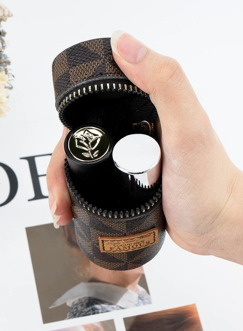 SYOSI منظم أحمر الشفاه، حقيبة جلدية لملمع الشفاه مع سلسلة مفاتيح، منظم جلدي صغير محمول لحقيبة أحمر الشفاه للسفر، حقيبة أحمر الشفاه مع سلسلة مفاتيح لعطر طلاء الأظافر 2 عبوة بني وردي - Image 2