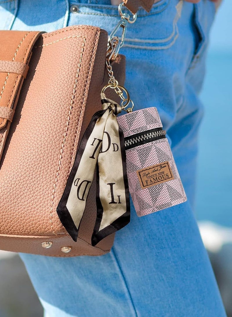 SYOSI منظم أحمر الشفاه، حقيبة جلدية لملمع الشفاه مع سلسلة مفاتيح، منظم جلدي صغير محمول لحقيبة أحمر الشفاه للسفر، حقيبة أحمر الشفاه مع سلسلة مفاتيح لعطر طلاء الأظافر 2 عبوة بني وردي - Image 3