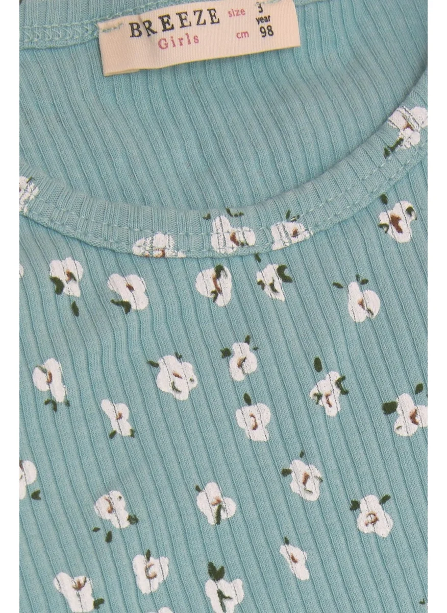 Breeze Girl's Long Sleeve T-Shirt Floral Patterned Ruffle Shoulder 2-6 Years, Water Green