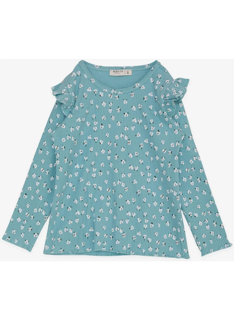 Breeze Girl's Long Sleeve T-Shirt Floral Patterned Ruffle Shoulder 2-6 Years, Water Green