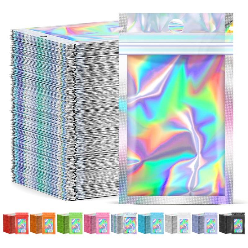 JETMORE 300 Pcs Mylar Bags, Smell Proof Bags Foil Pouch, Holographic Resealable Bags for Small Business, Candy Sample Jewelry Bag Sealable Packaging for Party Favor Food Storage (5.5x7.9in) - Image 1