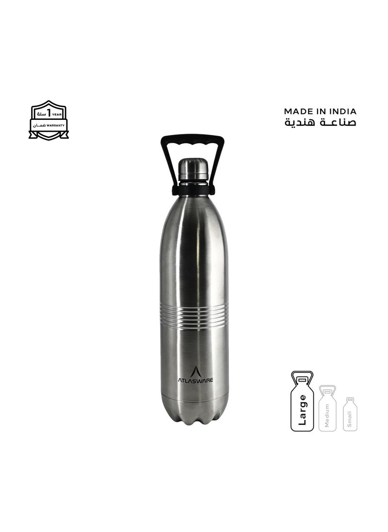 Atlasware - Water bottle with a capacity of 1750ml, stainless steel water bottle that keeps cold for 100 hours and keeps heat for 45 hours, Silver - Image 1