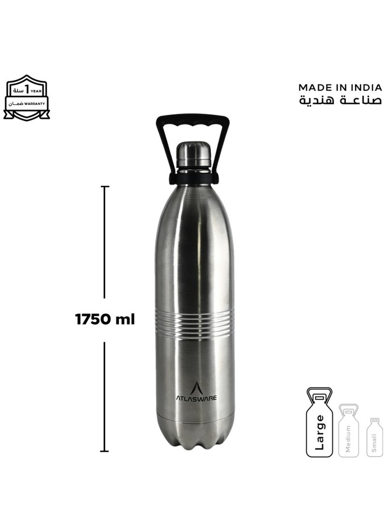 Atlasware - Water bottle with a capacity of 1750ml, stainless steel water bottle that keeps cold for 100 hours and keeps heat for 45 hours, Silver - Image 1