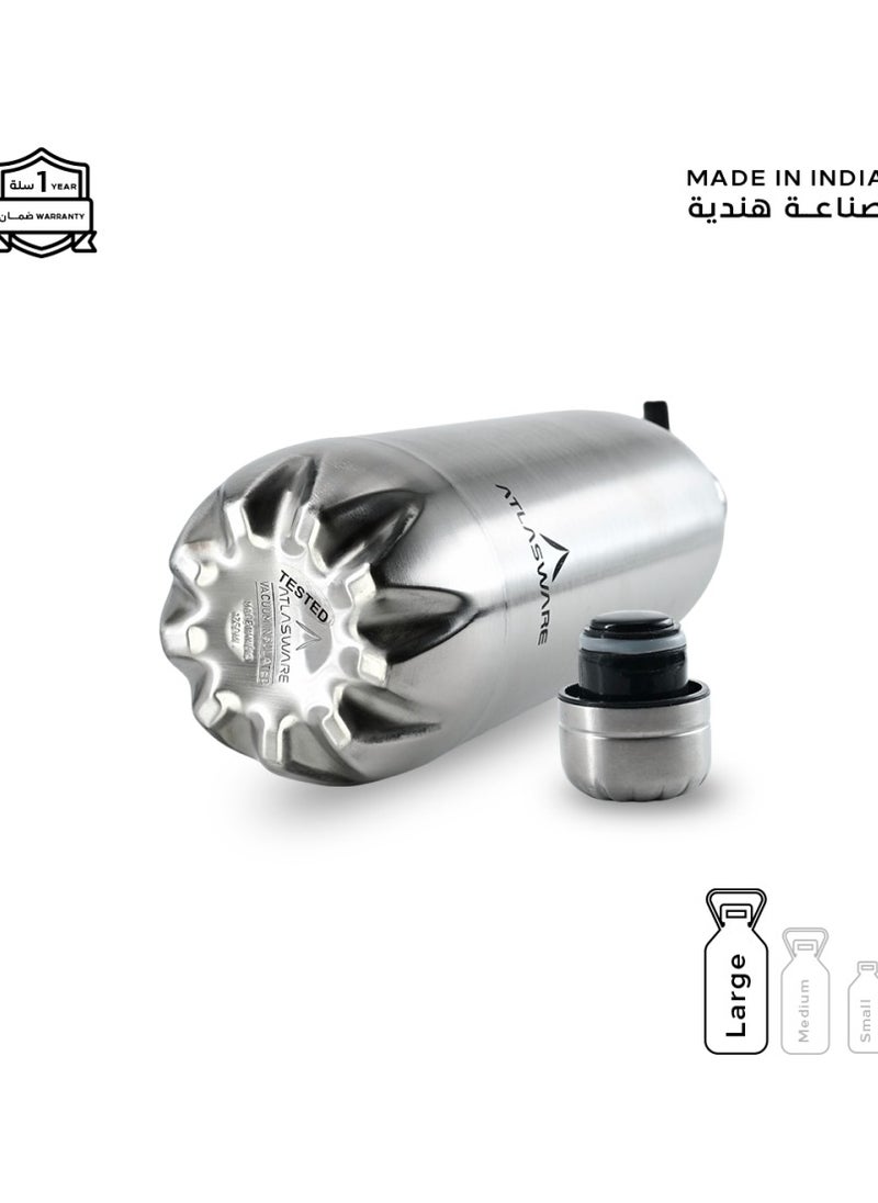 Atlasware - Water bottle with a capacity of 1750ml, stainless steel water bottle that keeps cold for 100 hours and keeps heat for 45 hours, Silver - Image 1