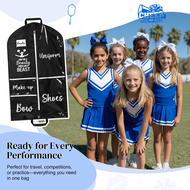 DEEKA Cheer Garment Bag for Hanging Clothes with Zipper Pockets Cheer Accessories Mom Essentials Uniform Costume 40 Inch Black Bags Stuff for Cheerleading Girls (Black,White-Cheer Quote) - Image 5