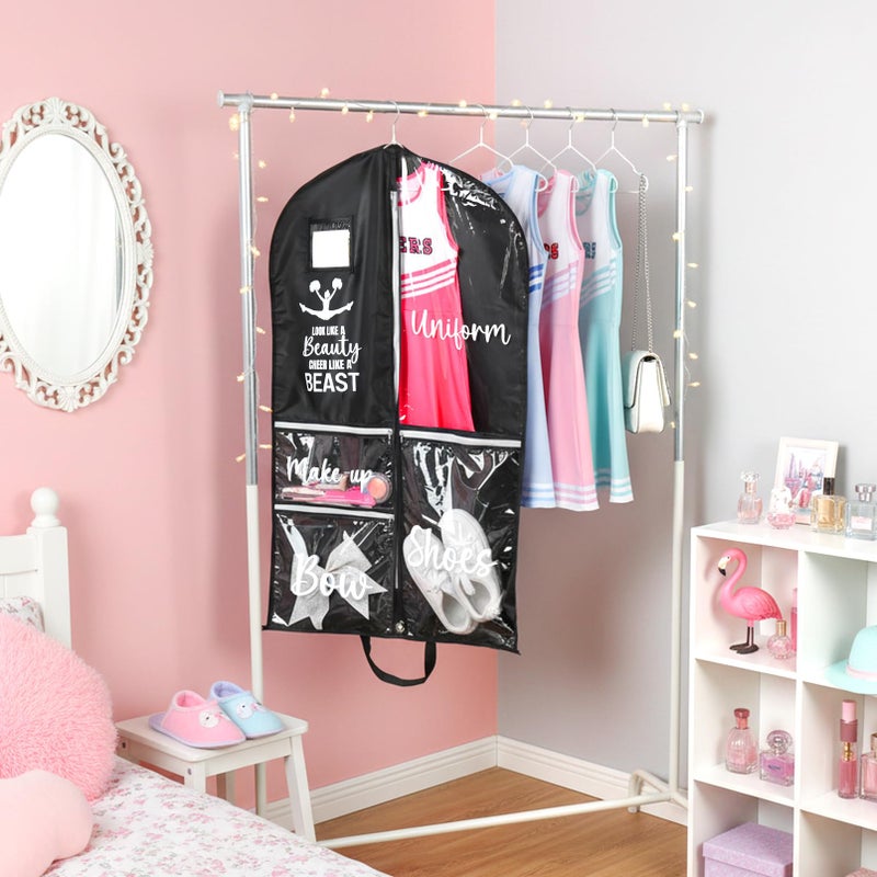 DEEKA Cheer Garment Bag for Hanging Clothes with Zipper Pockets Cheer Accessories Mom Essentials Uniform Costume 40 Inch Black Bags Stuff for Cheerleading Girls (Black,White-Cheer Quote) - Image 4