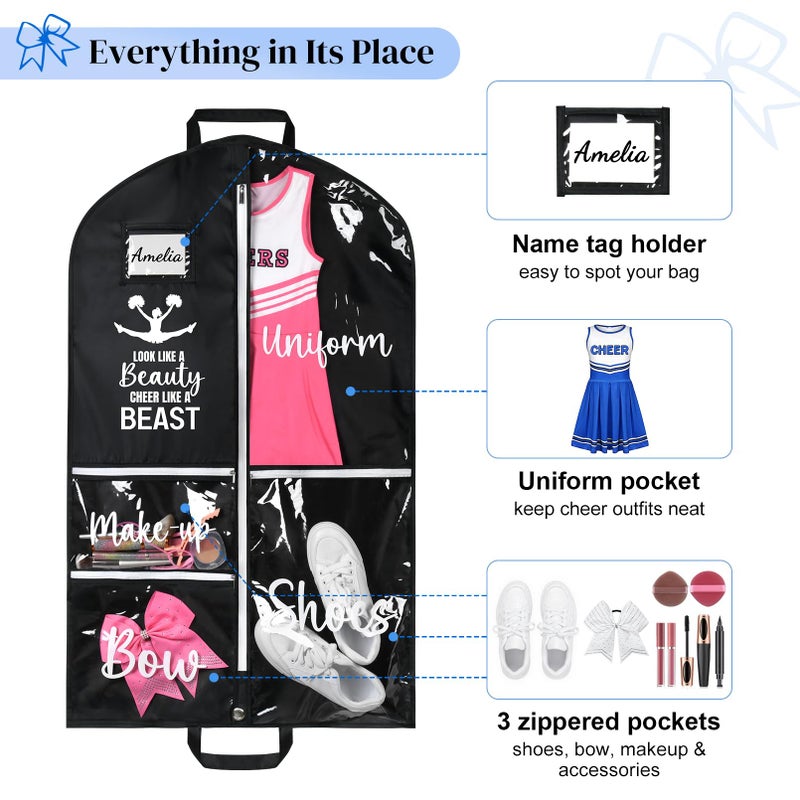 DEEKA Cheer Garment Bag for Hanging Clothes with Zipper Pockets Cheer Accessories Mom Essentials Uniform Costume 40 Inch Black Bags Stuff for Cheerleading Girls (Black,White-Cheer Quote) - Image 3
