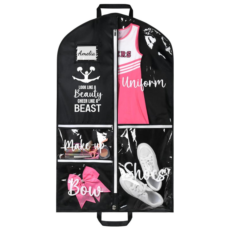 DEEKA Cheer Garment Bag for Hanging Clothes with Zipper Pockets Cheer Accessories Mom Essentials Uniform Costume 40 Inch Black Bags Stuff for Cheerleading Girls (Black,White-Cheer Quote) - Image 1