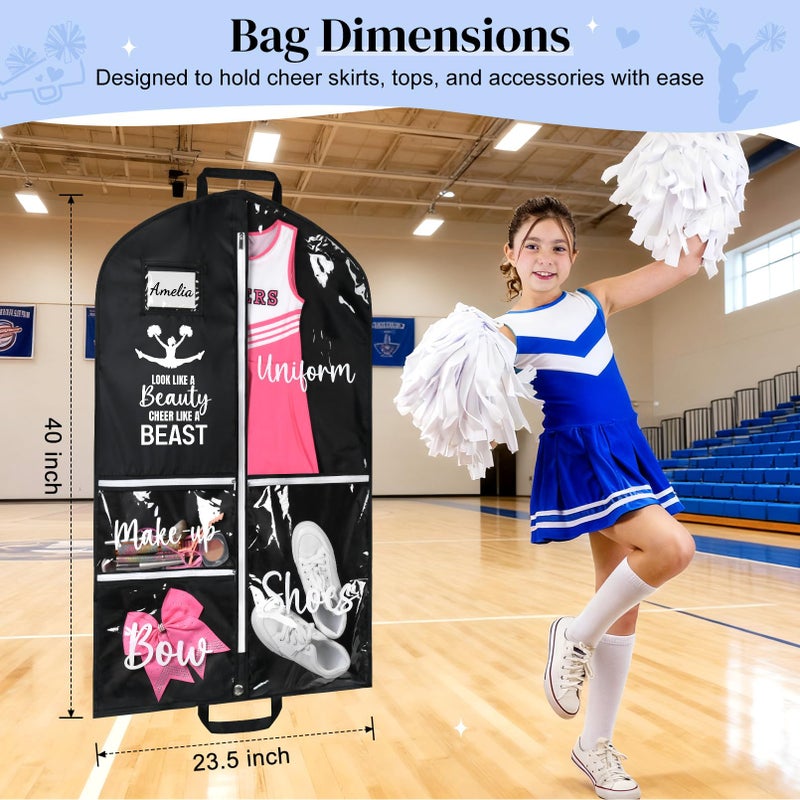 DEEKA Cheer Garment Bag for Hanging Clothes with Zipper Pockets Cheer Accessories Mom Essentials Uniform Costume 40 Inch Black Bags Stuff for Cheerleading Girls (Black,White-Cheer Quote) - Image 2