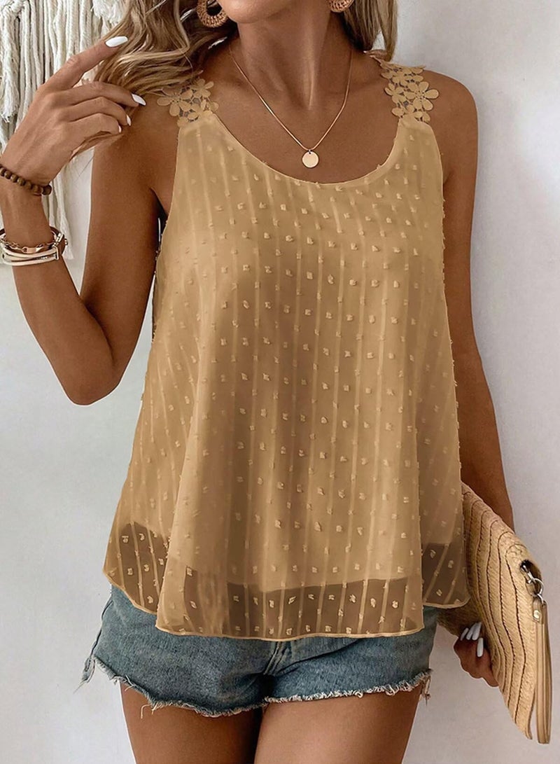 Falechay Mocha Tank Top for Women Trendy Summer Crew Neck Shirts Short Fashion 2026 Tunic Tops Spring Flowy Babydoll Lace Tassel Swiss Dot Bohemian Camis Country Clothing M - Image 4
