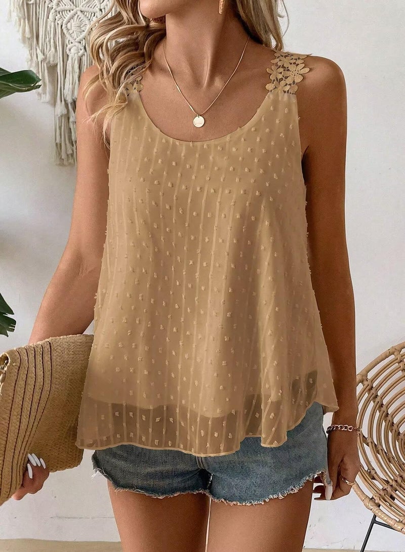 Falechay Mocha Tank Top for Women Trendy Summer Crew Neck Shirts Short Fashion 2026 Tunic Tops Spring Flowy Babydoll Lace Tassel Swiss Dot Bohemian Camis Country Clothing M - Image 2