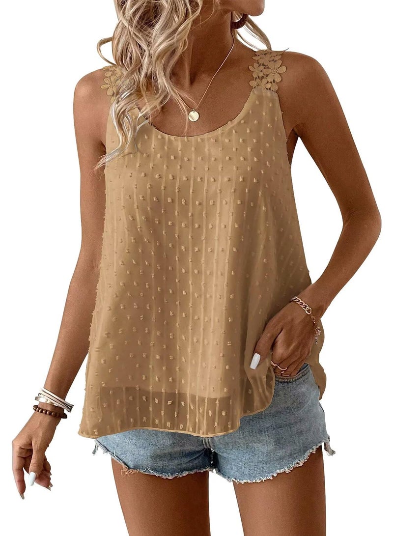 Falechay Mocha Tank Top for Women Trendy Summer Crew Neck Shirts Short Fashion 2026 Tunic Tops Spring Flowy Babydoll Lace Tassel Swiss Dot Bohemian Camis Country Clothing M - Image 1